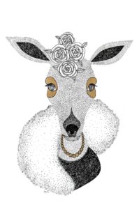 Illustration d'une jolie biche portant un collier de perles, réalisée dans le cadre de l'exposition artistique au Théâtre du Grand Marché en 2017