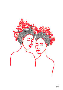 Dessin représentant deux femmes en rouges et noir avec des fleurs dans les cheveux